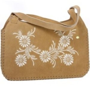 Genuine Suede Tote Shoulder Bag w Flower Stitches